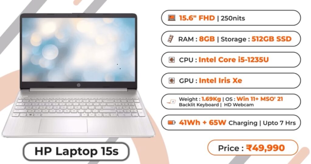 hp best laptop under 50000 Image of an HP Laptop 15s with technical specifications and price displayed. The laptop features a 15.6" FHD display with 250 nits brightness, 8GB RAM, 512GB SSD storage, Intel Core i5-1235U CPU, Intel Iris Xe GPU, weighs 1.69 kg, runs on Windows 11 + MS Office 2021, has a backlit keyboard, HD webcam, and offers up to 7 hours of battery life with 41Wh + 65W charging. The price is ₹49,990.